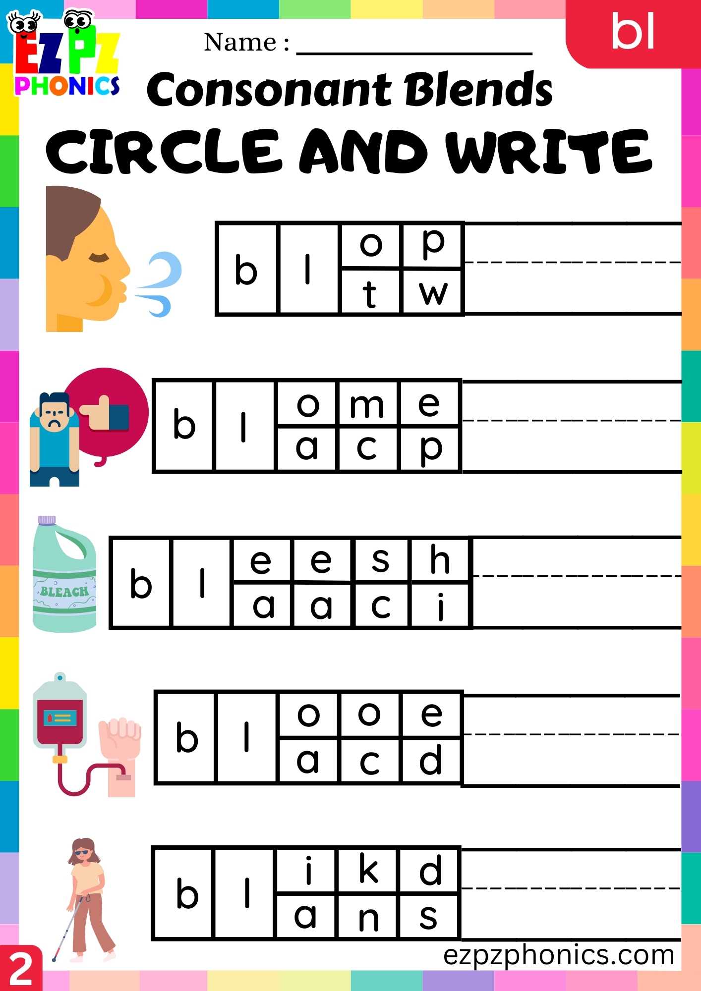 Group Bl Words Circle And Write Phonics Consonant Blends Worksheet